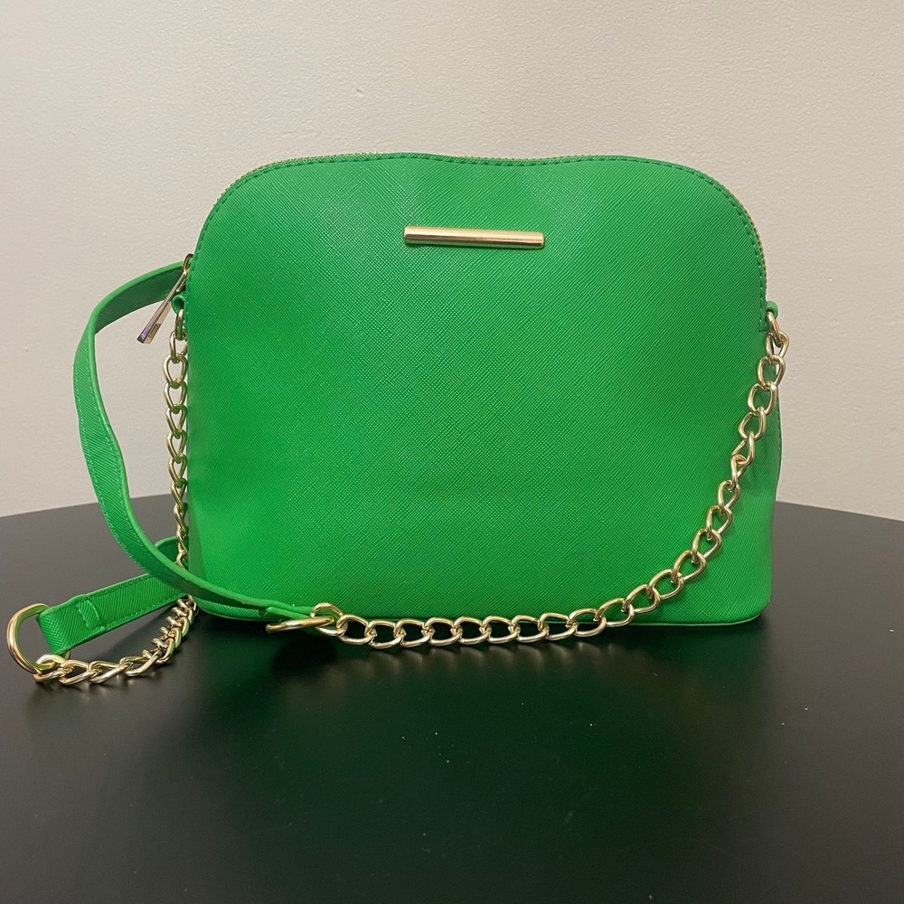 Emerald Green Structured Crossbody Bag with Gold Chain Strap